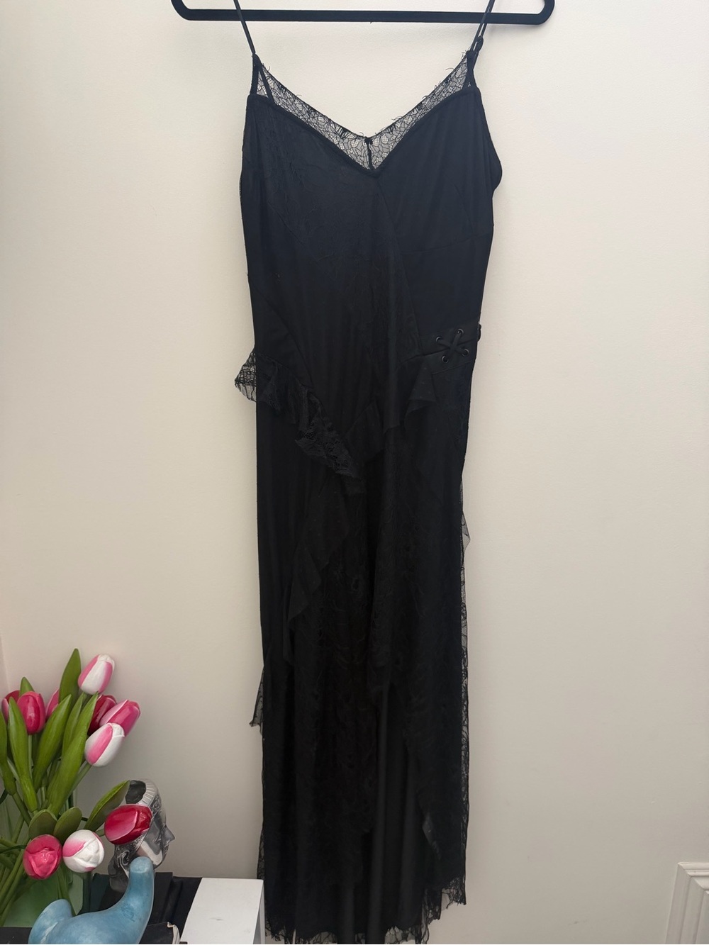 Black Lace-Trim High-Low Slip Dress